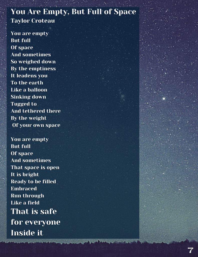 Image description: The background image is a starry night sky fading from midnight blue at the top to grey-blue at the bottom, where there is the silhouette of a horizon. The text is white in a serif font and is justified left. The text is in a dark blue rectangle with some transparency so the stars from the background show through. There is a page number '7' in white in the bottom left corner.