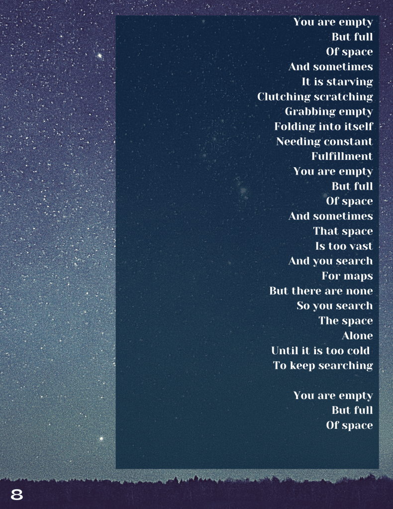 The background image is a starry night sky fading from midnight blue at the top to grey-blue at the bottom, where there is the silhouette of a horizon. The text is white in a serif font and is justified right. The text is in a dark blue rectangle with some transparency so the stars from the background show through. There is a page number '8' in white in the bottom right corner.
