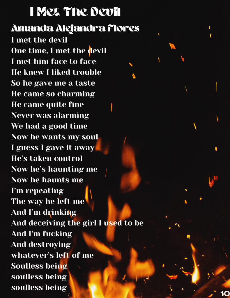 Image description: The bold white text is justified left. The background image is a faded zoom in on the orange and yellow heart of an open fire. Sparks fly above the fire against a flat black backdrop. There is a page number '10' in white in the bottom right corner.