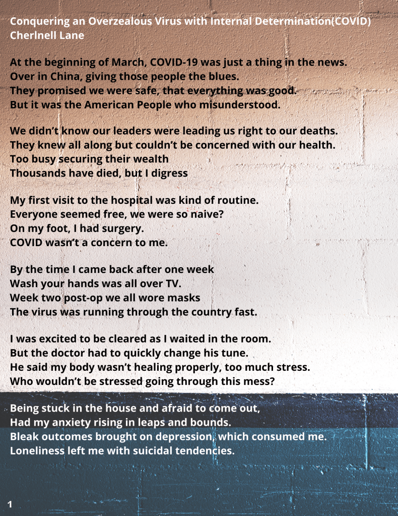 Image description: Background image is a painted brick wall which is pale brown for most of the page with a shadow to the top. Four fifths of the way down the page is a horizontal black stripe and the lower part of the wall is dark teal. The text is black over the light part of the wall and turns white over the dark part of the wall. Text is justified left. There is a page number '1' in black in the bottom right corner.