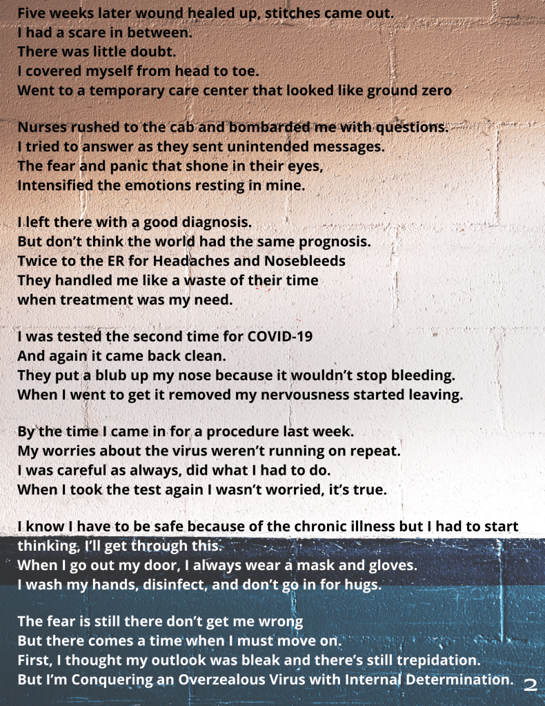 Image description: Background image is a painted brick wall which is pale brown for most of the page with a shadow to the top. Four fifths of the way down the page is a horizontal black stripe and the lower part of the wall is dark teal. The text is black over the light part of the wall and turns white over the dark part of the wall. Text is justified left. There is a page number '2' in white in the bottom right corner.