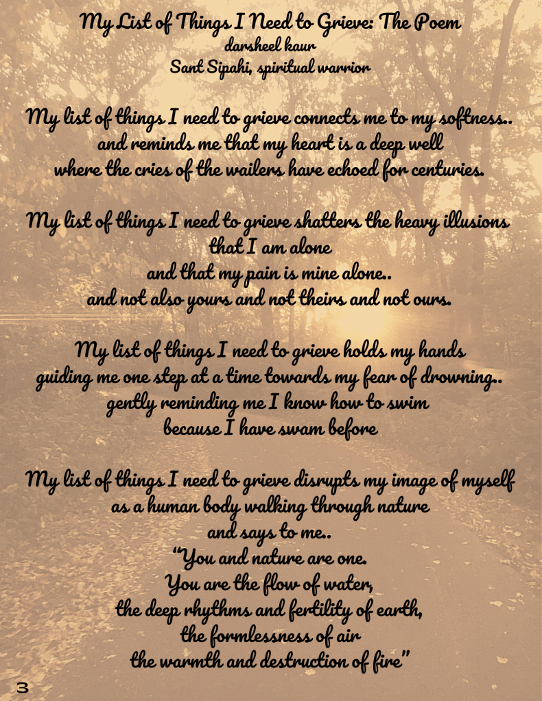 Image description: The background image is a photograph of a tree lined path with fall leaves along the edges and the sun is low and visible through the trees. The image is faded in warm yellow tones. Overlaid text is in black cursive font and centered on the page. There is a page number '3' in black in the bottom left corner.