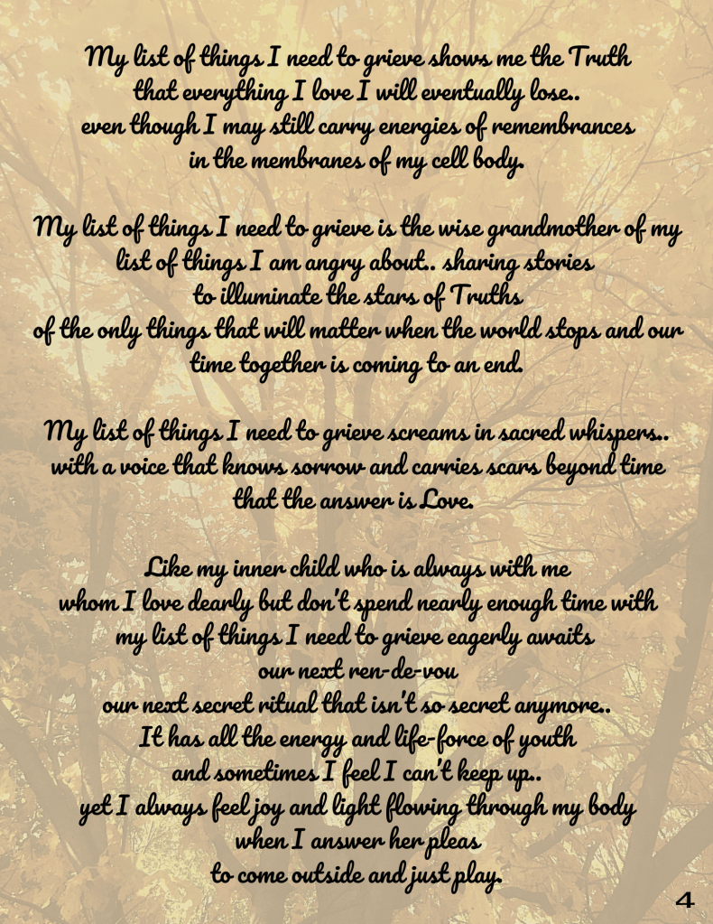 The background image is a photograph of a tree lined path with fall leaves along the edges and the sun is low and visible through the trees. The image is faded in warm yellow tones. Overlaid text is in black cursive font and centered on the page. There is a page number '4' in black in the bottom right corner.